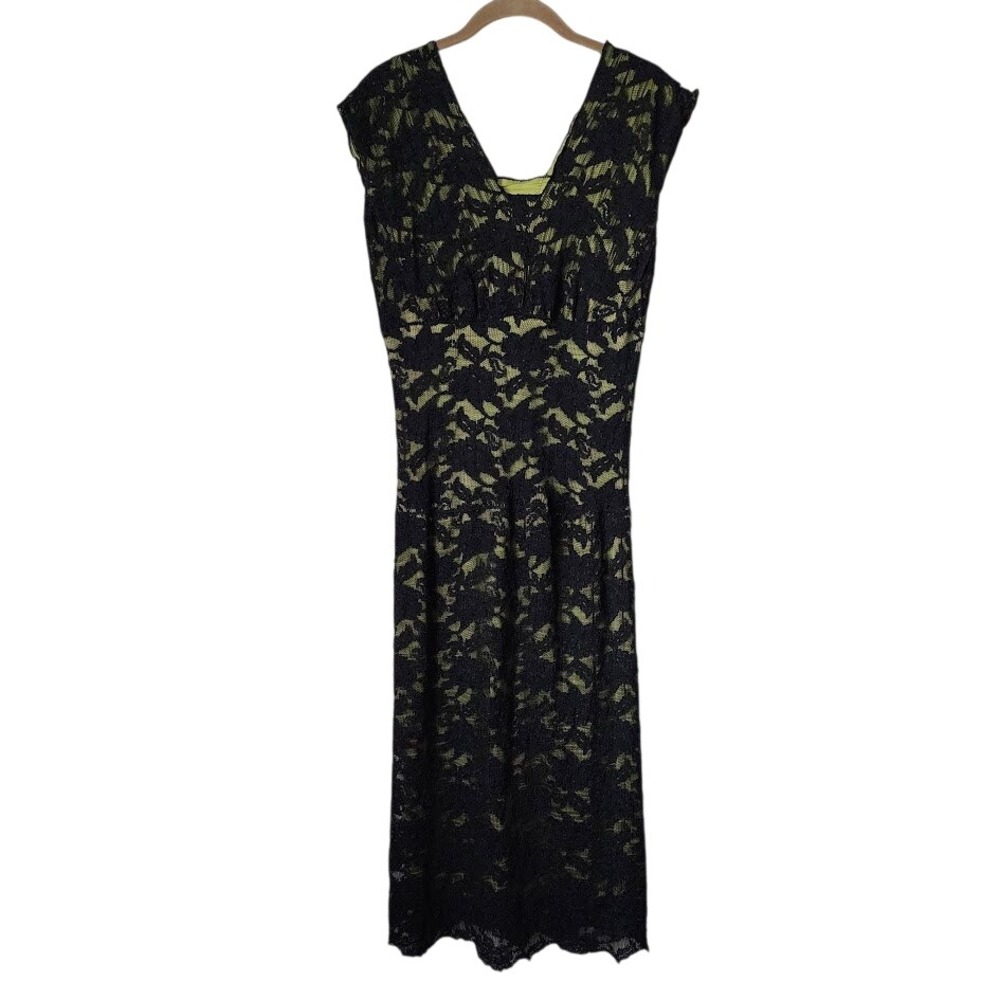 Vintage Black Citron Green Lace Floral Midi Dress Whimsygoth Prairie Cottagecore